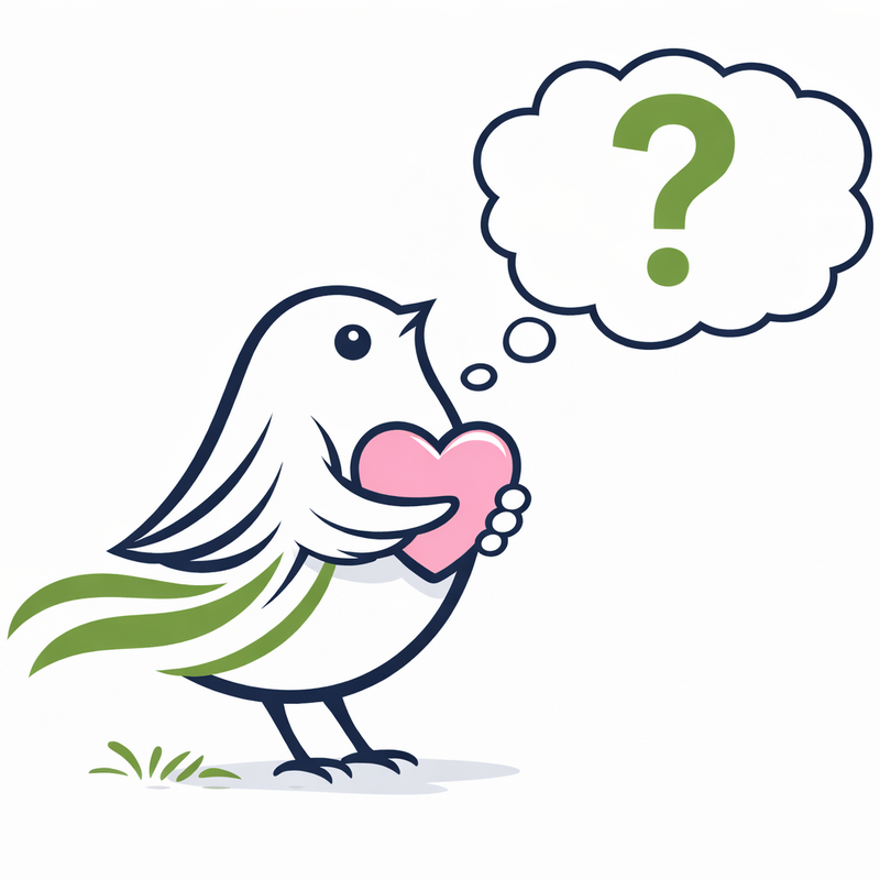 Cartoon bird holding a heart with a thought bubble containing a question mark on a white background