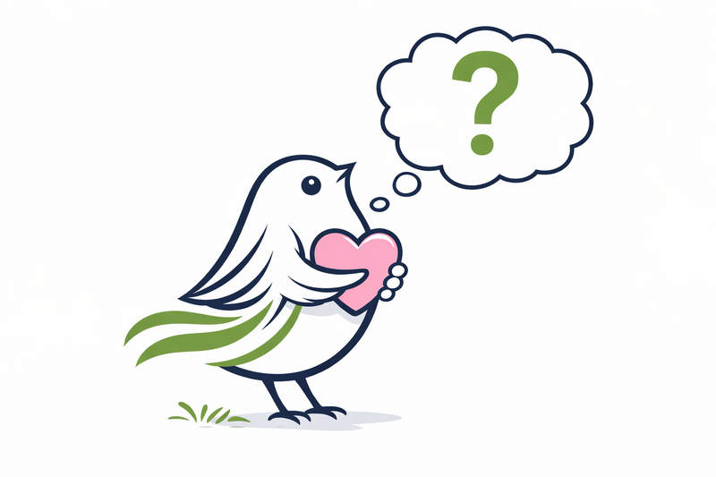 Cartoon bird holding a heart with a thought bubble containing a question mark on a white background