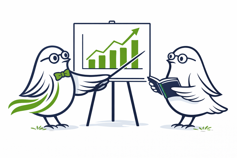 Two stylized birds presenting a chart on an easel with a white background