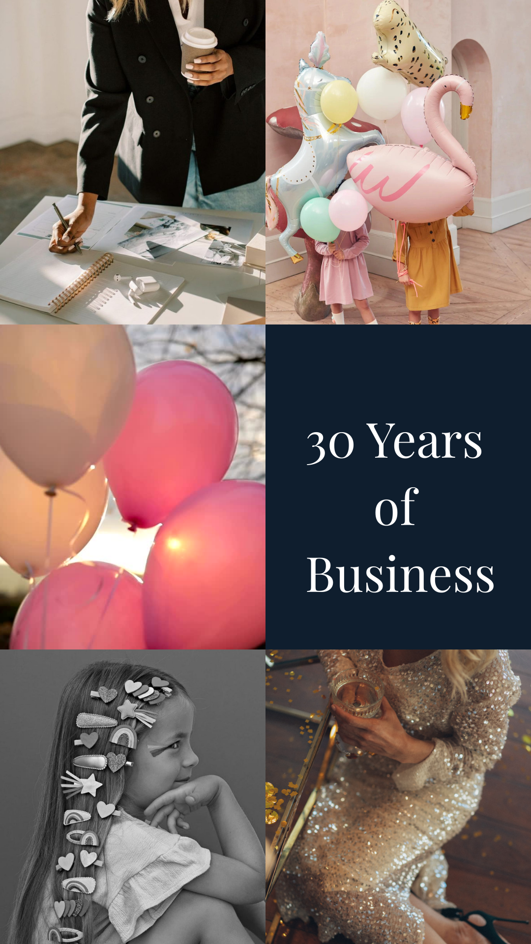 Collage of various images with a central text overlay '30 Years of Business'.